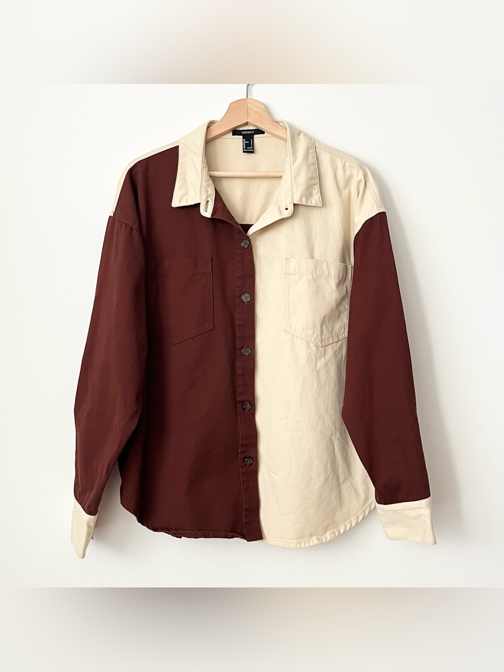 Forever 21 Women's Colorblock Button-up Shirt Shacket Burgundy Brown Tan Size L